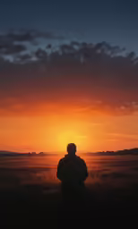 a lone person standing on top of a grass covered field