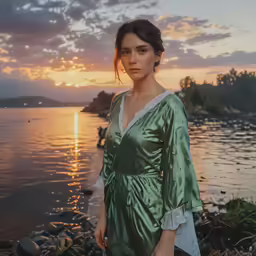 a woman in a green robe stands near the ocean at sunset