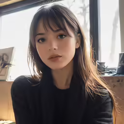 an asian woman wearing a black shirt and sweater