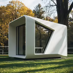 the large white tent stands in the grass next to some trees