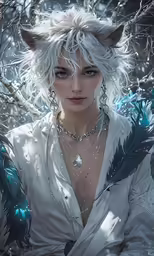 an anime character posing with her white hair and long, furry ears