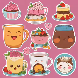 various stickers with cartoon animals, food and desserts,the various stickers have cupcakes and other items on them