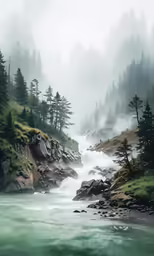 an artistic view of a waterfall in a misty forest