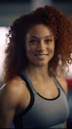 a woman wearing a tank top smiling for the camera,a woman is smiling and wearing a sports bra