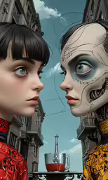 two female heads facing each other on a city street