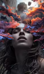 a woman with clouds in her hair looks into the distance