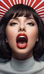 a woman wearing red lipstick with her mouth open