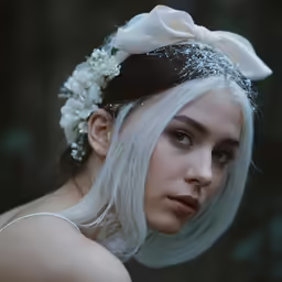 a beautiful white haired woman with black hair and head wreath