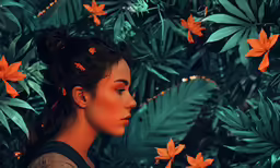 a girl surrounded by leaves in front of flowers