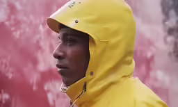 the young man is in a yellow rain coat