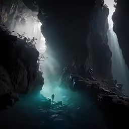 some water a person some rocks and light