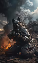a black dog is sitting on a pile of rubble