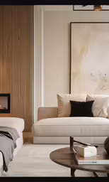 a well lit living room with a couch and a television