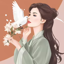 a woman with a bird on her shoulder holding flowers in her hand