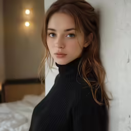 a young woman with brown hair leaning up against a wall