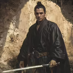 a young man dressed in ancient western clothes holds a sword