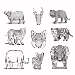 an animal collection on a white background,hand drawn animals by the artist