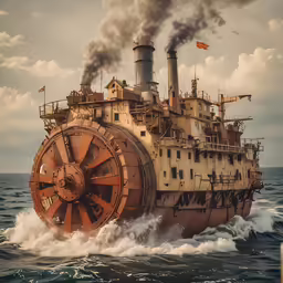 the large steam engine on this ship is out in the ocean