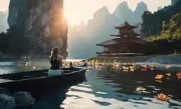a woman sits in a small boat on a river
