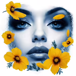 a woman is shown with yellow flowers around her face