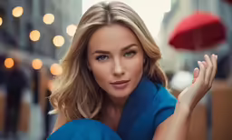 a woman in blue clothes and an umbrella