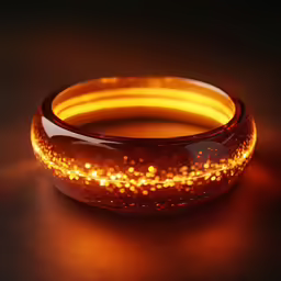 a red and yellow ring sitting on top of a table