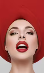 the woman has a red beret with long lashes and lipstick