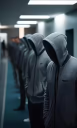 hooded sweatshirts line up down a hallway