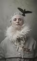 a woman wearing a coat with a black bird on her head