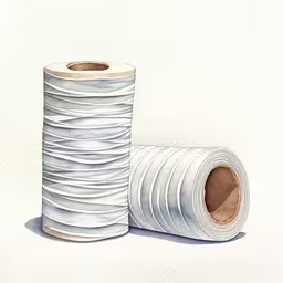 two rolls of white wax tape next to each other,two white spools of thread sitting next to each other