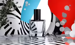 an empty perfume bottle on the counter and a black - and - white abstract backdrop