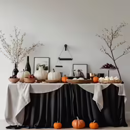 tables filled with orange and black pumpkins and decorative items
