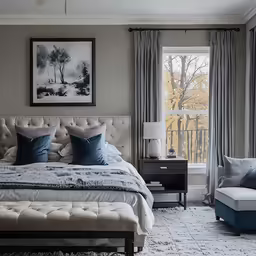a bedroom with a gray and white bed, blue throw pillows, a chair, two windows, and a bench