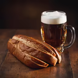 a piece of bread on a wooden surface and a glass