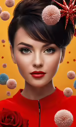 a woman with a red rose in her hair, and bubbles all around her head