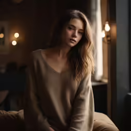 the woman is sitting on a chair looking off into the distance