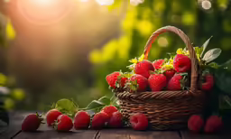 a basket of strawberries sits on a wooden table