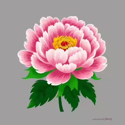 a large pink flower with green leaves on a gray background,a large, pink flower on a grey background