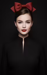 a girl with red bow and black shirt on