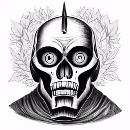 a skull with a sword on top and leaves around it