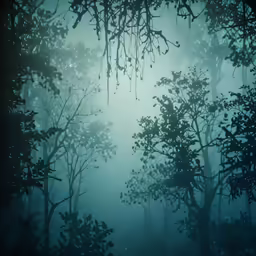 a dark forest is shown with light coming through the leaves
