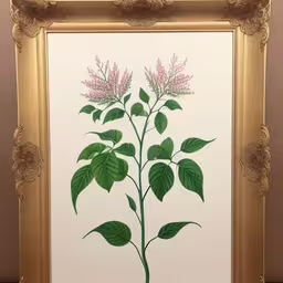 a framed painting has a pink flower,an antique framed art print shows pink flowers