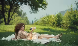 a woman in a white dress eating food while laying in the grass