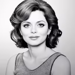 a black and white photo of a woman smiling