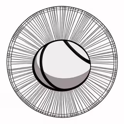 an object that is made out of wire,a cartoon tennis ball spinning on its spokes,a wire work wheel with a ball inside,an old tennis ball in the center of a net,a tennis ball is in the center of a badminton wheel