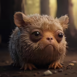 a small brown dog with very big eyes sitting in the dirt