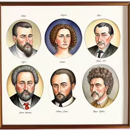 framed portrait with five men and woman in oval frames,portraits of the six great men in nineteenth century dress