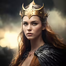 a female warrior in a gold crown is looking at the camera
