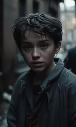 a boy with the head shaved off looks intently into the camera
