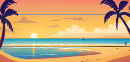 a painting with palm trees on the beach and boats floating on the water,a couple walking on a beach at sunset